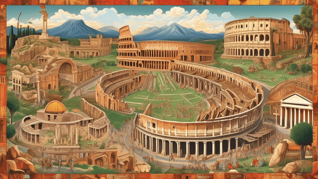 A vibrant and detailed collage showcasing top archaeological sites in Italy. Includes the grandeur of the Colosseum in Rome, the preserved ruins of Pompeii