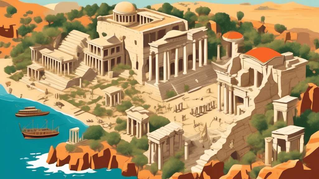 A detailed illustration showing the most famous archaeological sites in Turkey, including the ancient city of Ephesus with its grand Library of Celsus, the