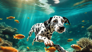 A playful Dalmatian dog diving underwater in the crystal-clear waters of Croatia. The scene captures the vibrant marine life, colorful coral reefs, and the