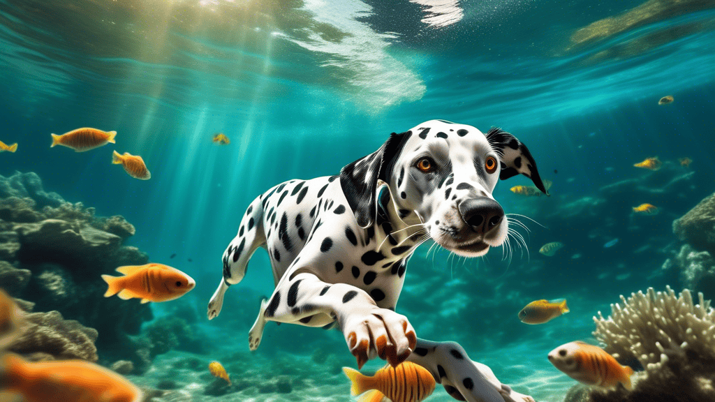 A playful Dalmatian dog diving underwater in the crystal-clear waters of Croatia. The scene captures the vibrant marine life, colorful coral reefs, and the