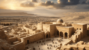 Create an image depicting several top archaeological sites in Israel, including a view of the ancient ruins of Masada on a mountain plateau, the stone stre