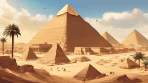 Create an illustration featuring top archaeological sites in Egypt, including iconic landmarks such as the Great Pyramids of Giza, the Sphinx, the Temple o