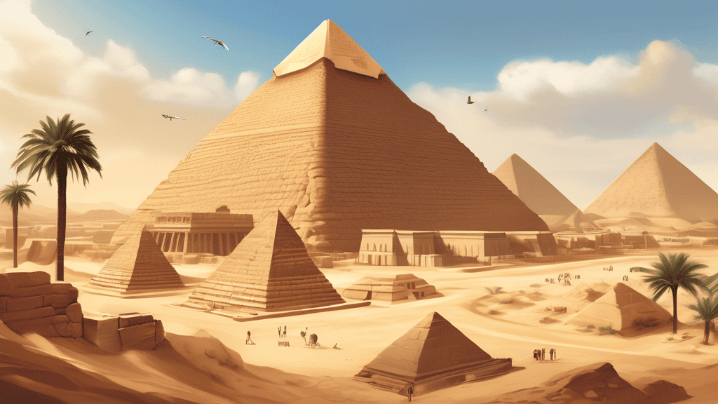 Create an illustration featuring top archaeological sites in Egypt, including iconic landmarks such as the Great Pyramids of Giza, the Sphinx, the Temple o