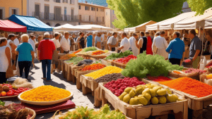 A vibrant outdoor market scene in Corsica, with stalls displaying an array of colorful Mediterranean fruits, vegetables, and herbs. Local chefs prepare tra