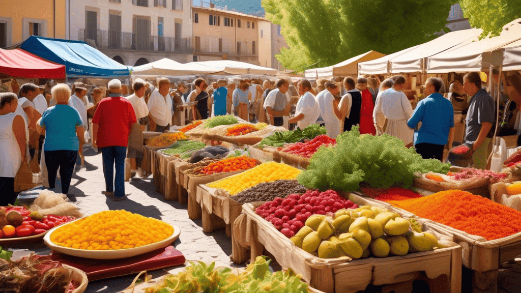 A vibrant outdoor market scene in Corsica, with stalls displaying an array of colorful Mediterranean fruits, vegetables, and herbs. Local chefs prepare tra