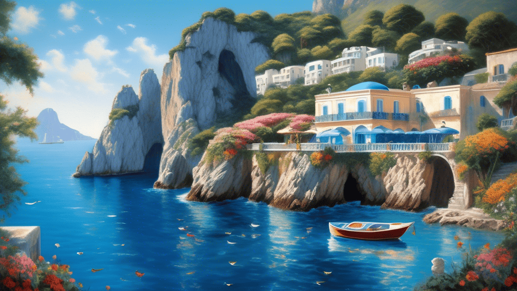 Create an enchanting scene of Capri, Italy, featuring the famous Blue Grotto with its vibrant azure waters reflecting sunlight. In the background, depict t