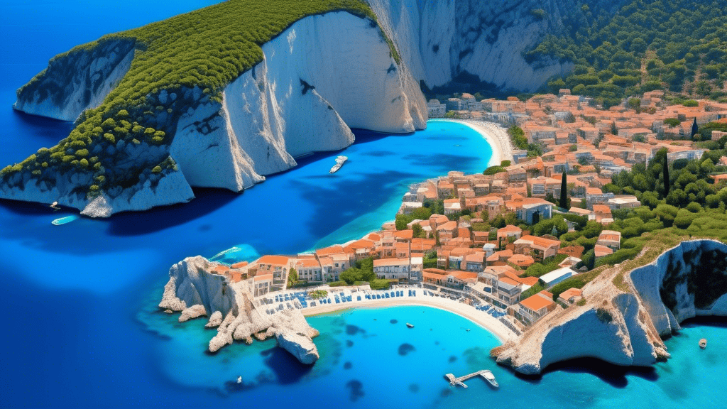 An aerial view of the stunning Ionian Islands, showcasing the vibrant turquoise waters and lush green landscapes of Zakynthos and Lefkada. Include iconic l