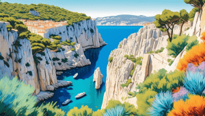 Create an artistic representation of the stunning Calanques near Marseille, featuring dramatic cliffs, crystal-clear azure waters, and lush greenery. Inclu