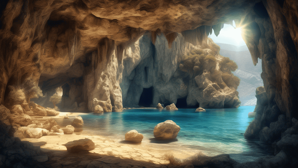 An enchanting landscape of Crete featuring mystical caves filled with ancient Greek artifacts, intricate rock formations, and dappled sunlight filtering th