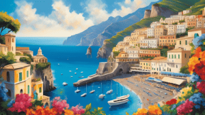 Create an image showcasing a vibrant and picturesque Amalfi Coast village with artists at work in various mediums. Include lush coastal scenery with colorf