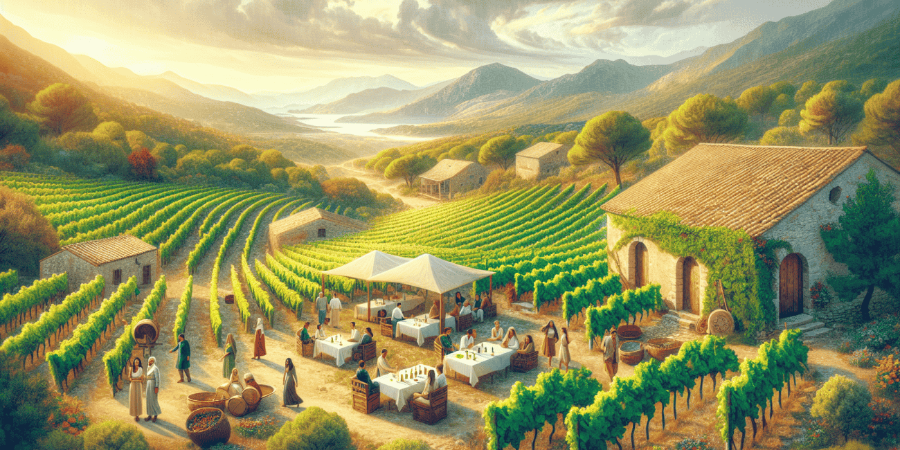 Create an image of a picturesque vineyard in Corsica, showing rolling hills with rows of grapevines under a bright Mediterranean sky. Include charming rustic wineries with cozy outdoor seating areas,