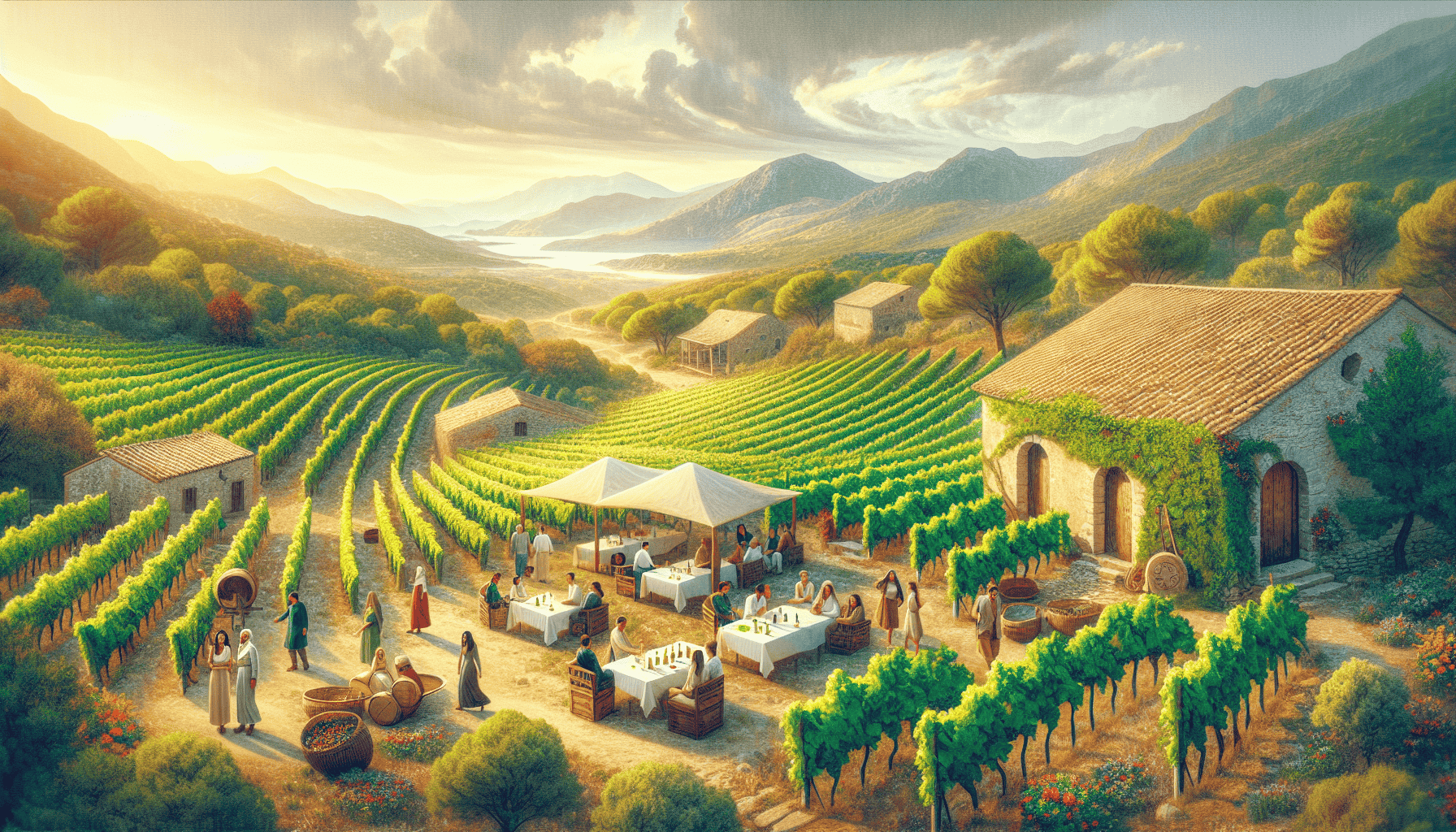 Create an image of a picturesque vineyard in Corsica, showing rolling hills with rows of grapevines under a bright Mediterranean sky. Include charming rustic wineries with cozy outdoor seating areas,