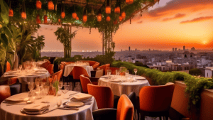A vibrant scene of an upscale rooftop restaurant in Casablanca, with elegant tables set with fine dining ware, surrounded by lush greenery and modern decor