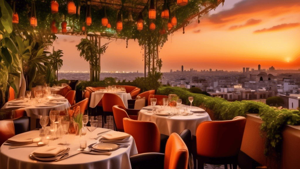 A vibrant scene of an upscale rooftop restaurant in Casablanca, with elegant tables set with fine dining ware, surrounded by lush greenery and modern decor