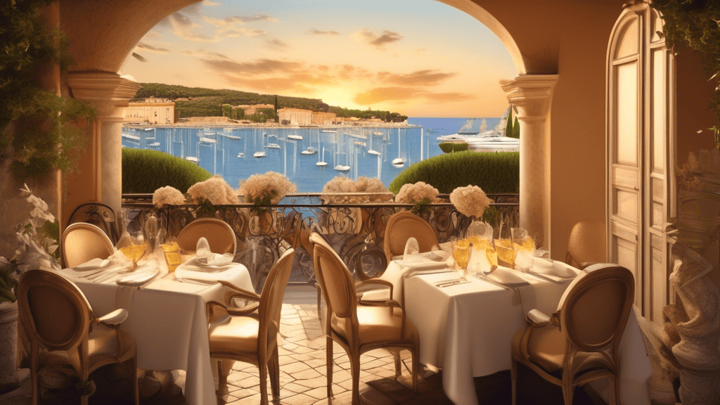 Create an image showcasing a luxurious restaurant setting in Saint-Tropez. The scene should include an elegant outdoor terrace with a view of the Mediterra