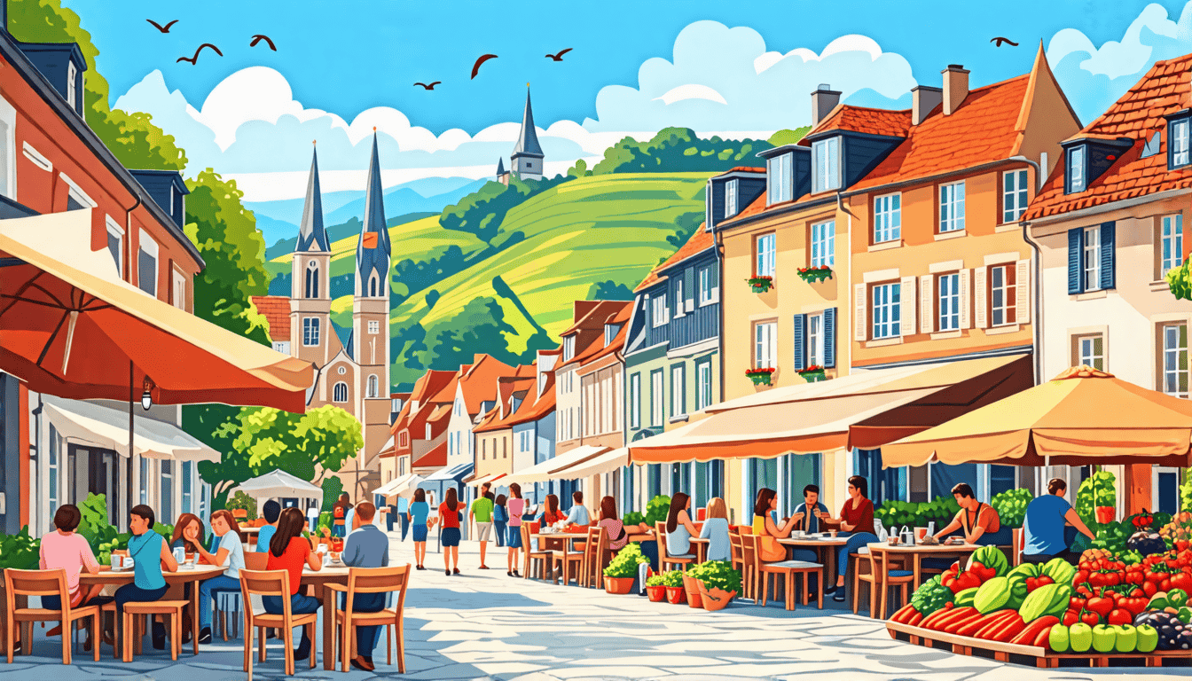 Create an illustration of a picturesque European town that captures the essence of budget-friendly living. The scene should include charming, affordable ho