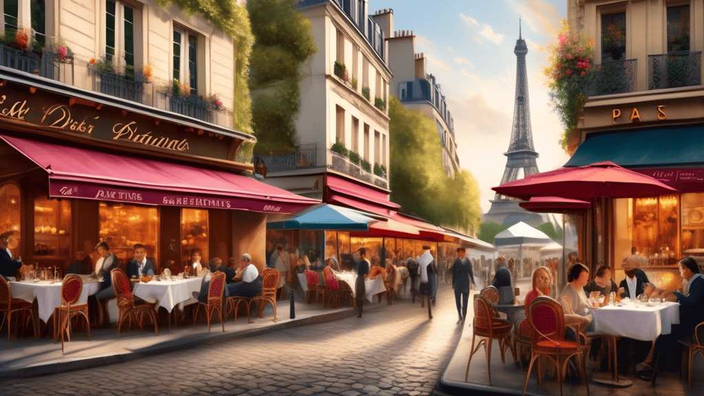 An elegant street scene in Paris featuring a variety of charming restaurants with outdoor seating. Each restaurant showcases diverse cuisine, such as Frenc