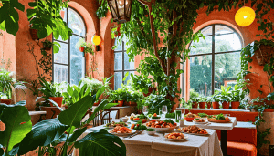 An inviting scene of a vibrant vegan restaurant in Ravenna, Italy, showcasing a beautifully arranged table with colorful plant-based dishes, surrounded by