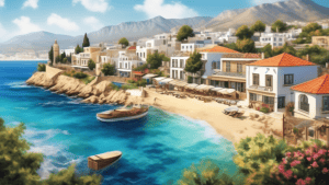 Create an idyllic landscape showcasing the top towns in Northern Cyprus, featuring picturesque coastal views, charming traditional architecture, and lush g
