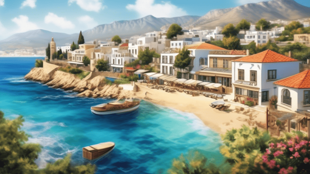 Create an idyllic landscape showcasing the top towns in Northern Cyprus, featuring picturesque coastal views, charming traditional architecture, and lush g