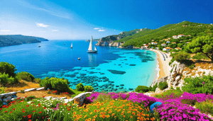 Create an enchanting landscape of Cephalonia, Greece, showcasing its stunning turquoise waters, lush green hills, and quaint villages. Include dramatic cli