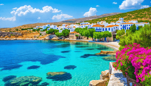 Create an enchanting landscape of Chios, Greece, showcasing its beautiful beaches, traditional stone villages, and lush landscapes. Include vibrant blue wa