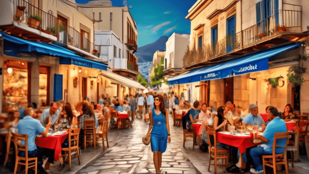 Create an image of a vibrant street in Athens, Greece, bustling with life. Showcase a variety of outdoor dining setups from some of the city's best restaur