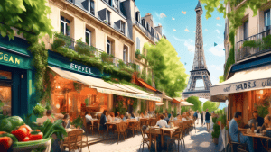 Create an artistic illustration showcasing the vibrant atmosphere of the best vegan restaurants in Paris. Include a picturesque Parisian street lined with