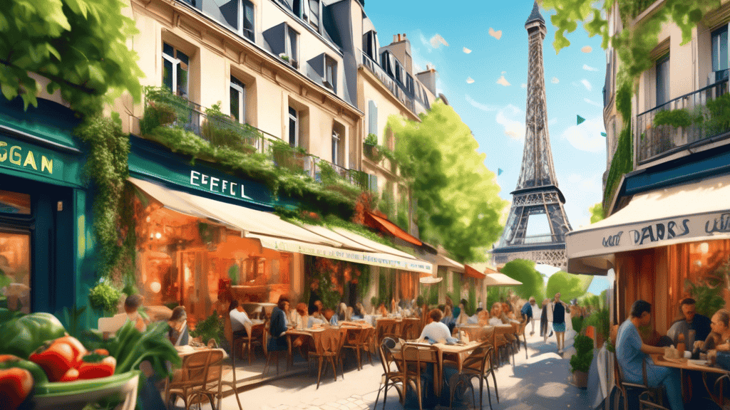 Create an artistic illustration showcasing the vibrant atmosphere of the best vegan restaurants in Paris. Include a picturesque Parisian street lined with