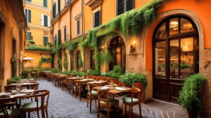 Create an image that showcases a vibrant and inviting vegan restaurant in Rome. The scene should include beautifully presented vegan dishes such as colorfu