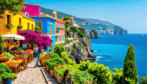 Create a vibrant and picturesque travel scene showcasing the beautiful island of Lipari, featuring its colorful houses, stunning coastal views, crystal-cle