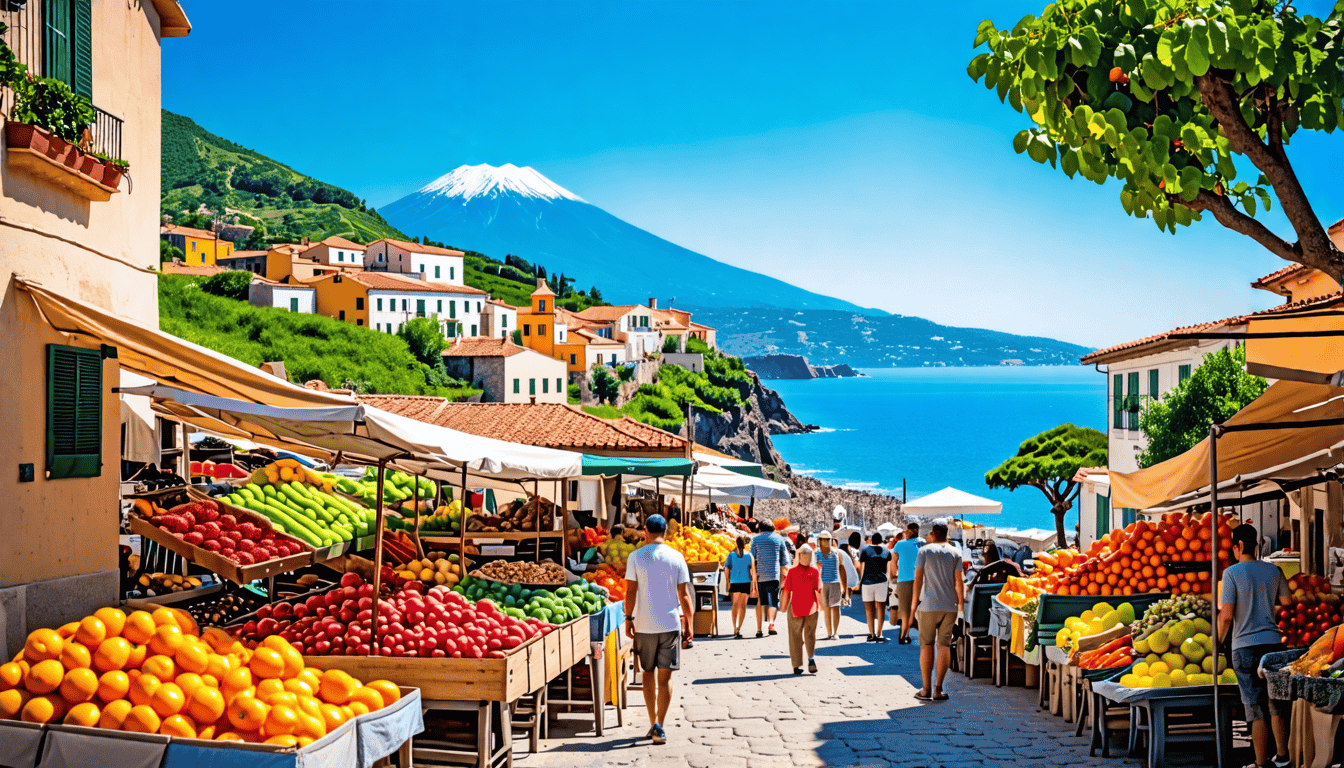 Create a vibrant and picturesque scene of Sicily showcasing its stunning landscapes, featuring ancient ruins, beautiful beaches, lush vineyards, and charmi