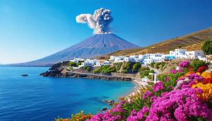 Create an image of the island of Stromboli, showcasing its iconic volcano erupting gently in the background. The foreground should include a picturesque co